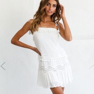 Ophira Dropped Waist Tassel Trim Shift Dress White